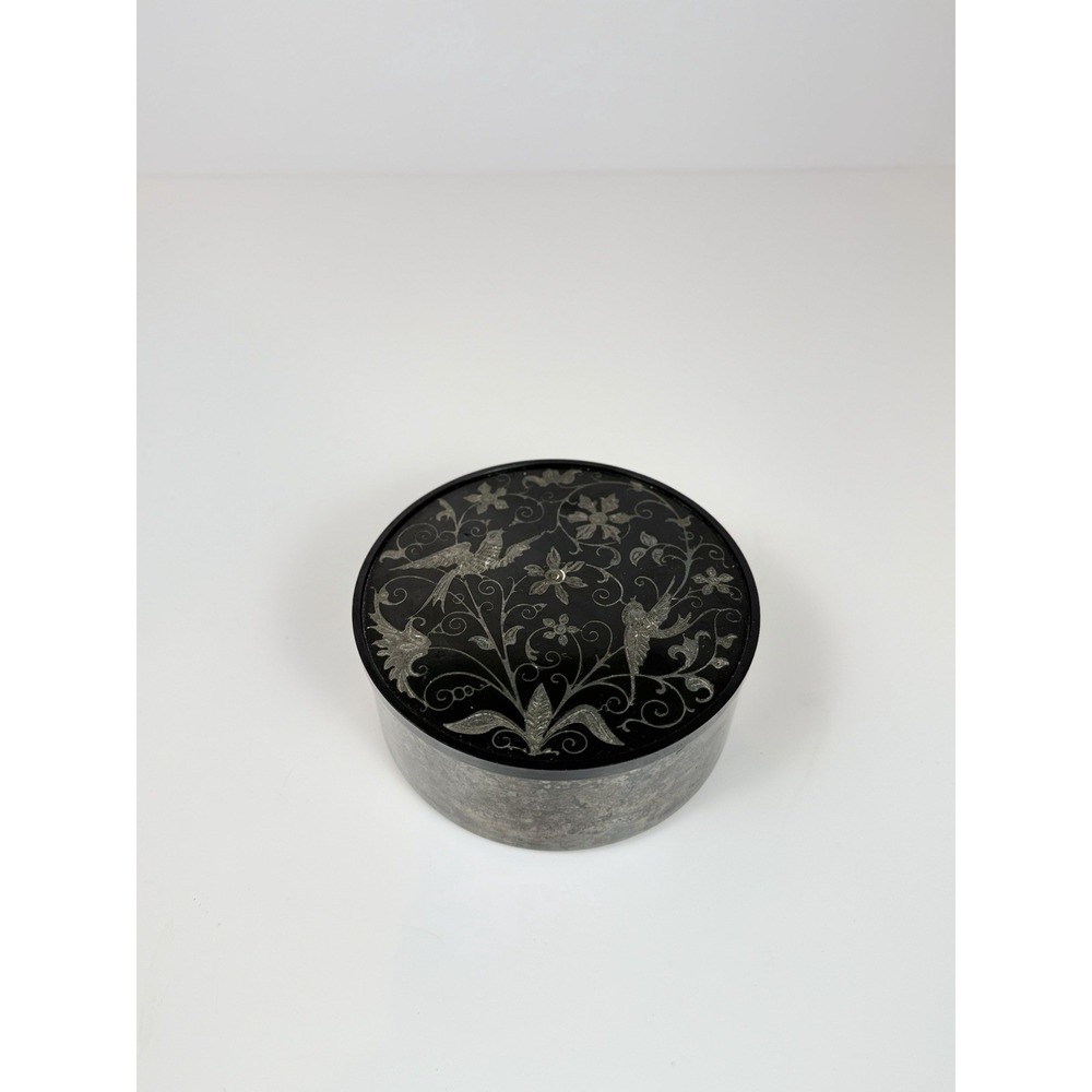 Vintage Oneida Silverplate Trinket Box Black Floral And Bird Inlay Round 5"